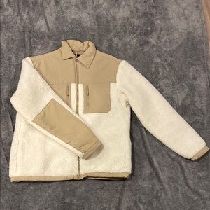 Stylish White and Tan Sherpa Jacket